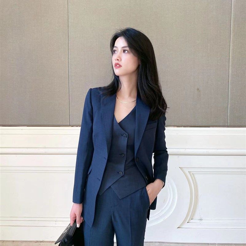 秋季新款青灰色三件套修身显瘦西装套装女西服外套职业时尚装