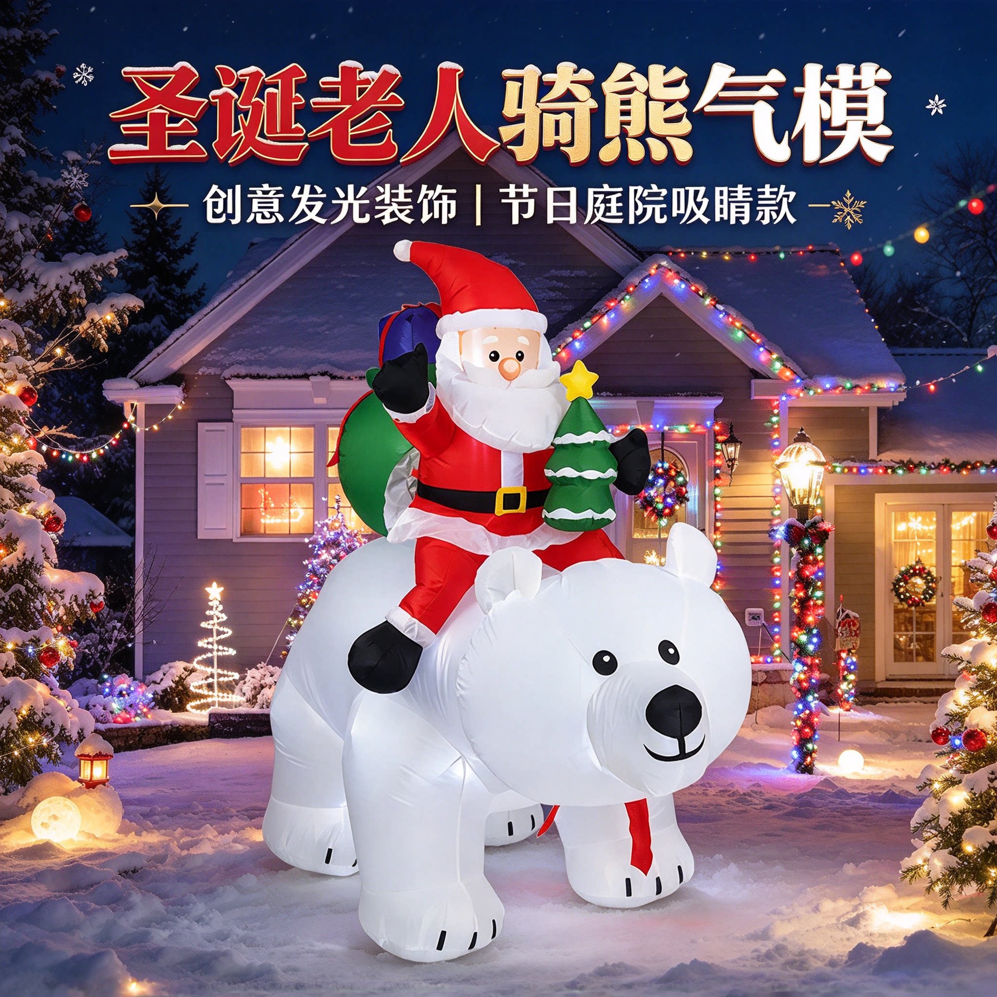 圣诞老人骑熊气模充气发光装饰品