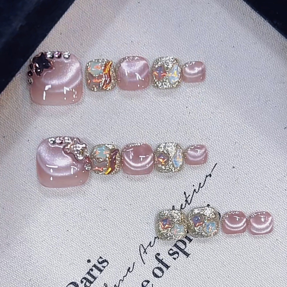 纯手工穿戴甲脚甲十四片清新脚甲法式蝴蝶钻穿戴甲美甲贴片