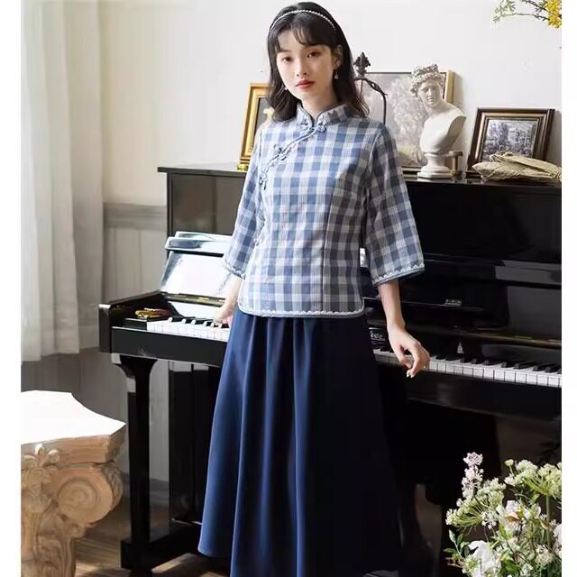 春夏唐装民国风学生旗袍套装学院风毕业班服演出服表演旗袍上衣女
