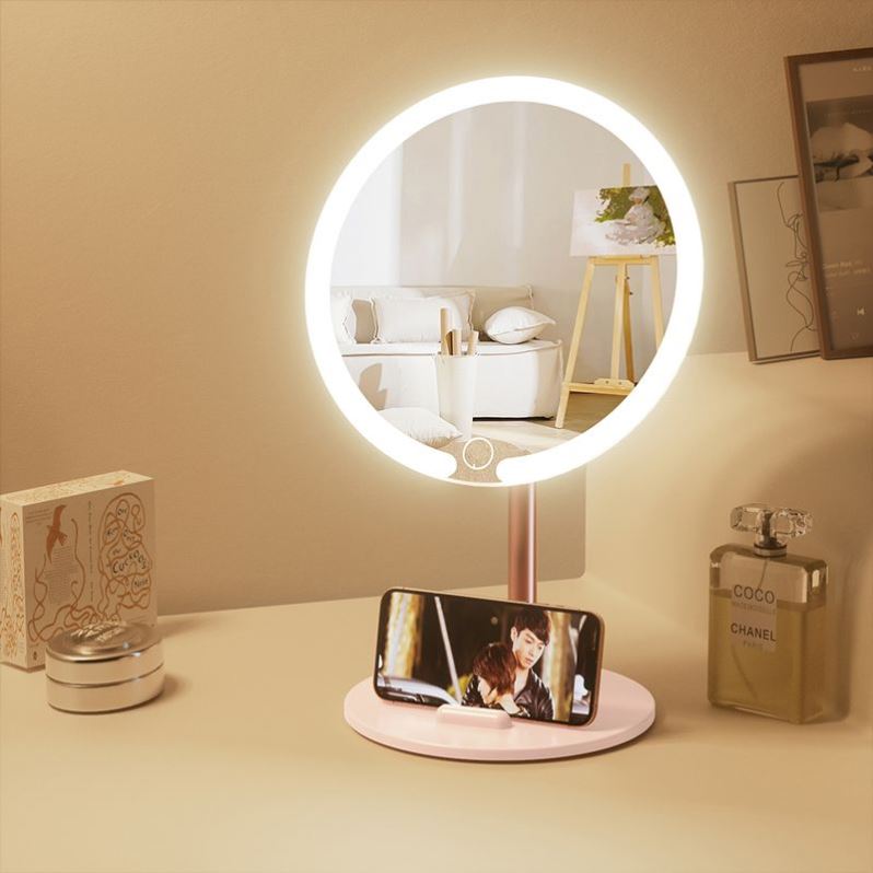 网红LED化妆镜台式桌面带灯家用补光宿舍镜子随身梳妆镜便携充电