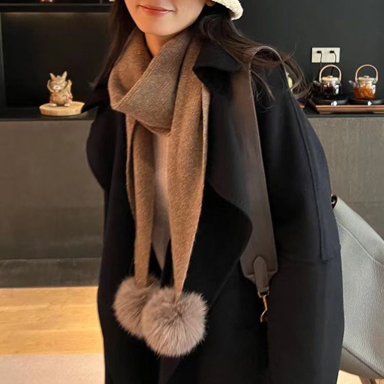 兔绒球球日系减龄针织纯色百搭小围巾冬季三角保暖围脖女