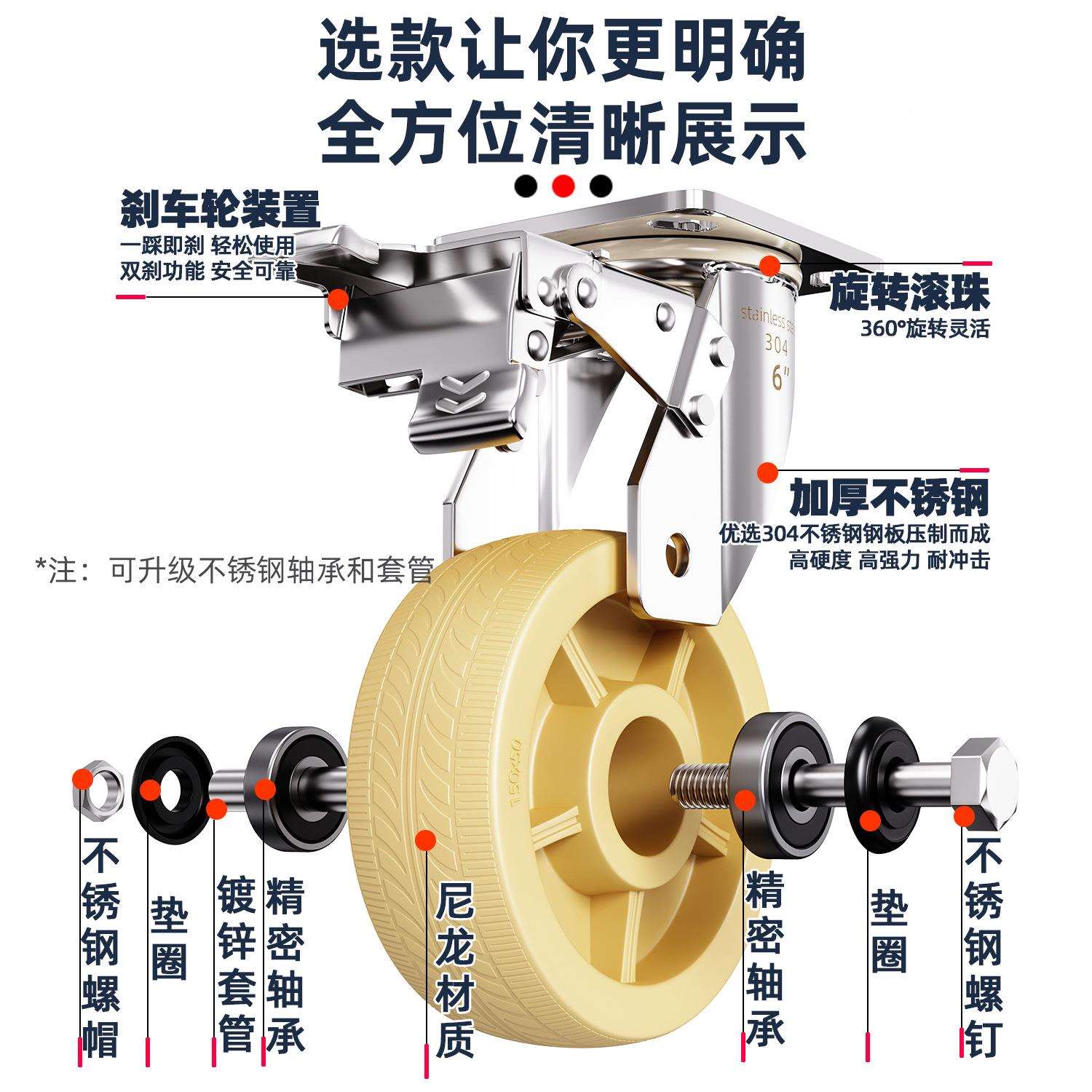 304刹不锈钢6寸重型轮45寸尼995龙轮定向转向8轮脚轮平板推手车