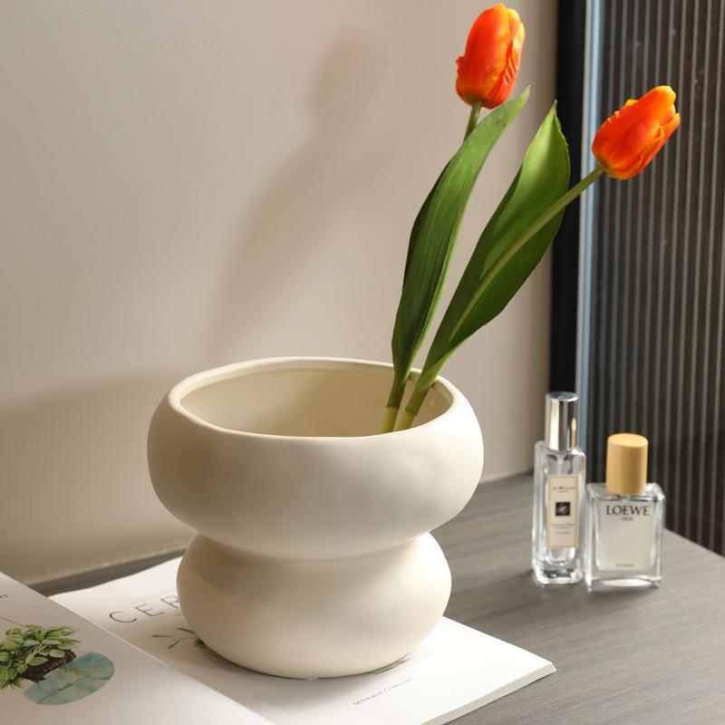 创意奶油风OUZ大口径瓷花花瓶家简约客厅桌面陶插干花装饰居摆件