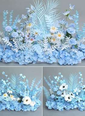 路婚新款庆地排花仿真花婚礼布置装饰排蓝色地排引花假花花蓝色真