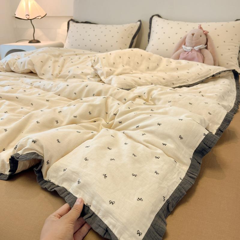 a类法四6481件套纯式棉全棉双层纱被套床单床笠舍宿上床用品三件