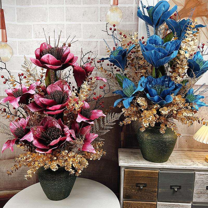 式家居放花绒布玉兰F78S6SH7假花插花客厅桌面摆欧酒店装饰摆大堂