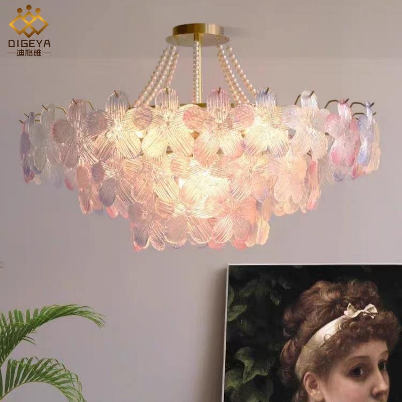667法式轻奢客厅吊灯意五璃叶花彩色玻水晶约灯简现代卧创室餐厅