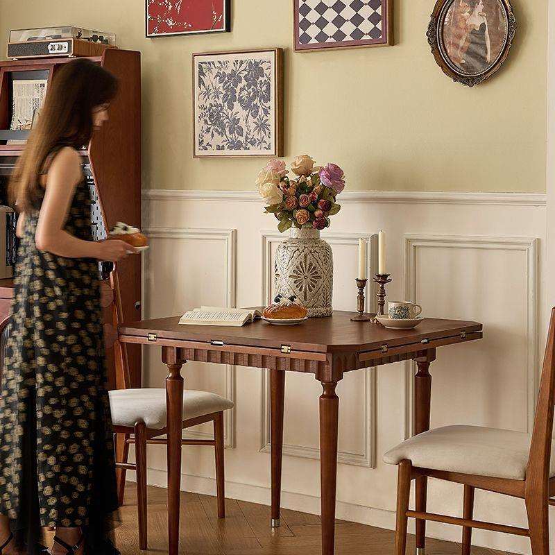 法式复古实餐桌约家用小户型饭桌现代奢简中古风轻客厅折叠木-圆