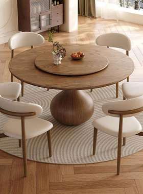 橡胶木SMJ-Y20#青花瓷圆形古餐桌中家用胡桃色带盘设计师小户型转