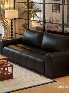 黑色皮沙发无家用客厅意式奢极排简轻复古小户型艺公寓会议直沙发
