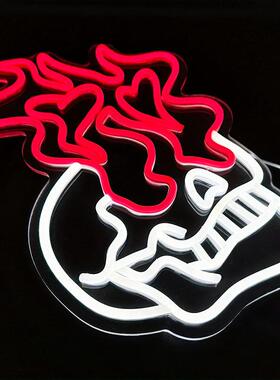 客LED霓OEV虹灯红色骷髅头万圣节饰灯牌房间厅卧室装氛牌围灯小夜