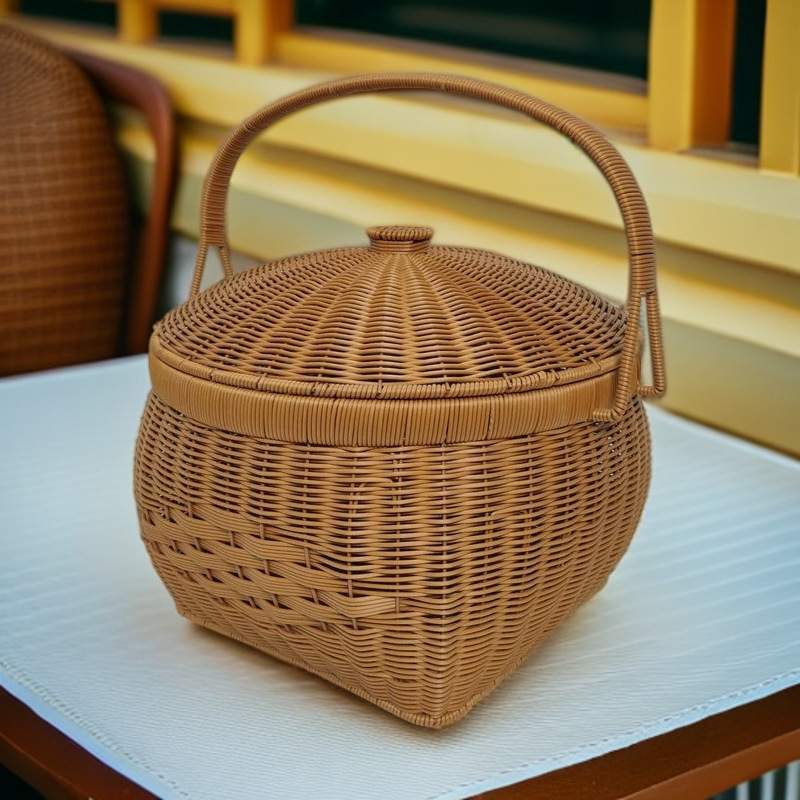 现货 四方大格手提收纳篮仿藤四方形花篮塑料编织藤筐拜拜蓝