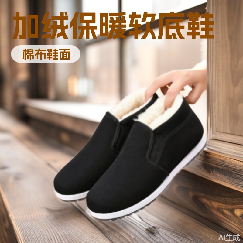 秋冬季老北京布鞋男款加绒软底工作鞋休闲保暖中老年爸爸棉鞋