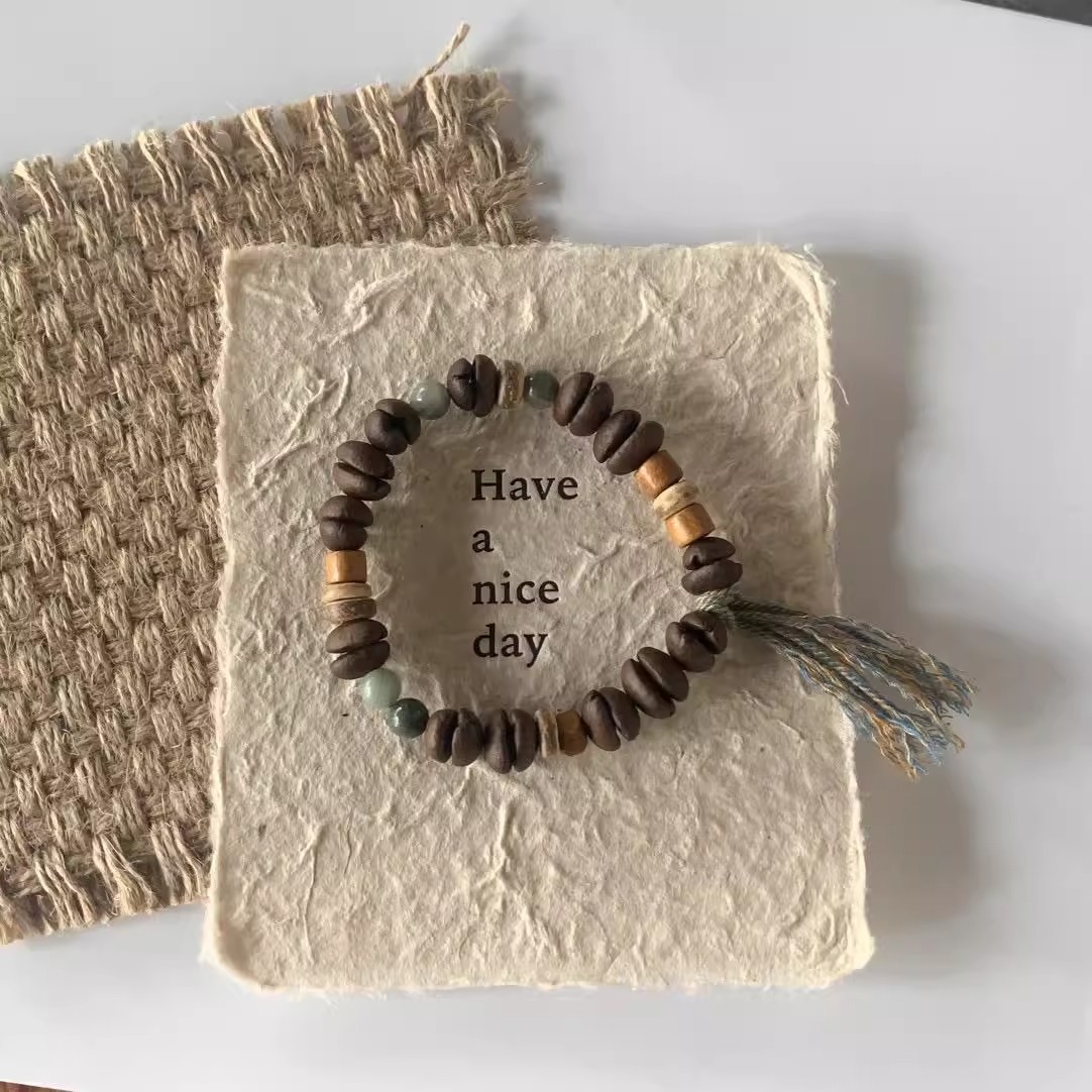 新中式手工天然（真）咖啡豆天然石百香籽檀木椰片拼接咖啡豆手串