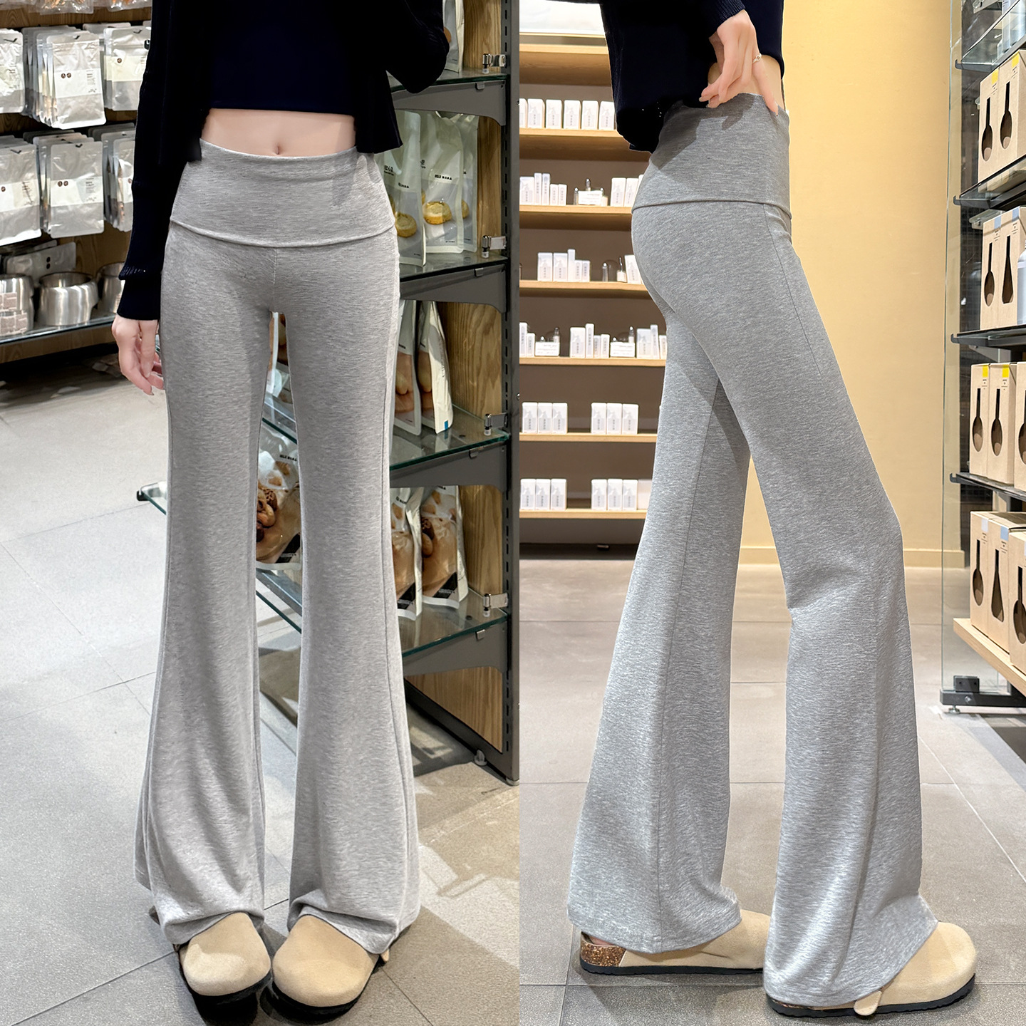 美式翻腰微喇裤女夏季薄款高腰辣妹显瘦喇叭裤运动卫裤垂感瑜伽裤