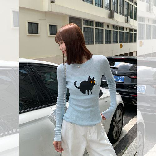 猫咪印花长袖T恤女装秋季