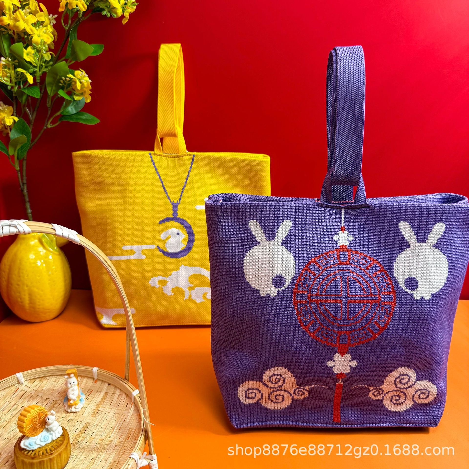 月兔针织织花手拎包礼品袋包装袋月饼礼盒袋公司送员工福利通用