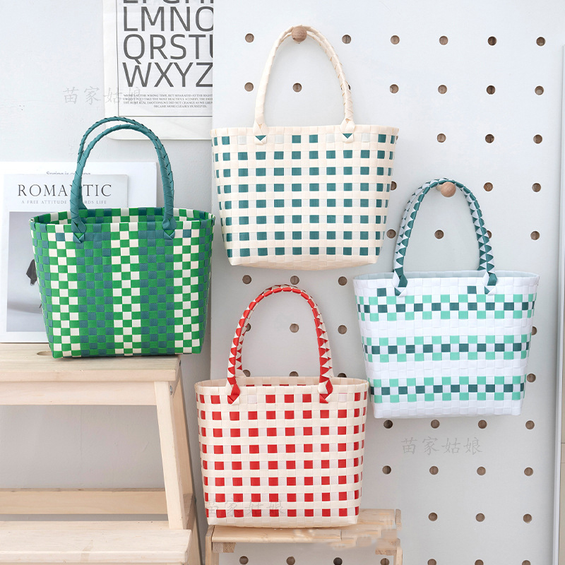 彩色格子菜篮子编织包回礼篮