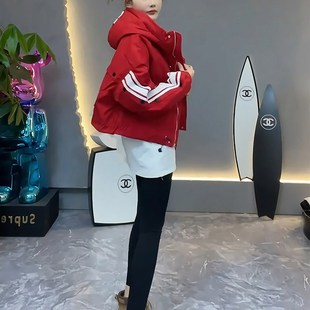 设计感条纹连帽加厚风衣女春秋2024年新款小个子宽松短款棉衣外套