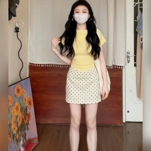 XZY 欣争艳 微胖mm设计感绑带T恤上衣女夏季 甜美气质波点半裙套装