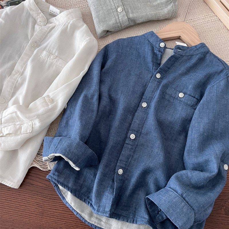 婴儿棉 宝宝爱穿~男童棉纱衬衫中大童纯棉长袖衬衣立领两用袖上衣