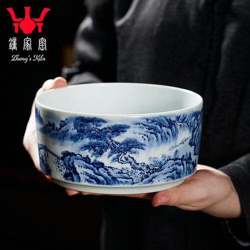钟家窑陶瓷水洗景德镇柴窑青花手绘点工山水松亭观瀑直口茶洗配件