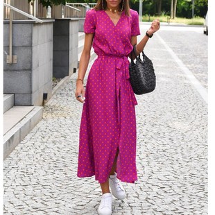 欧美风波西米亚夏女士收腰系带开叉显瘦V领短袖 连衣裙长裙沙滩裙