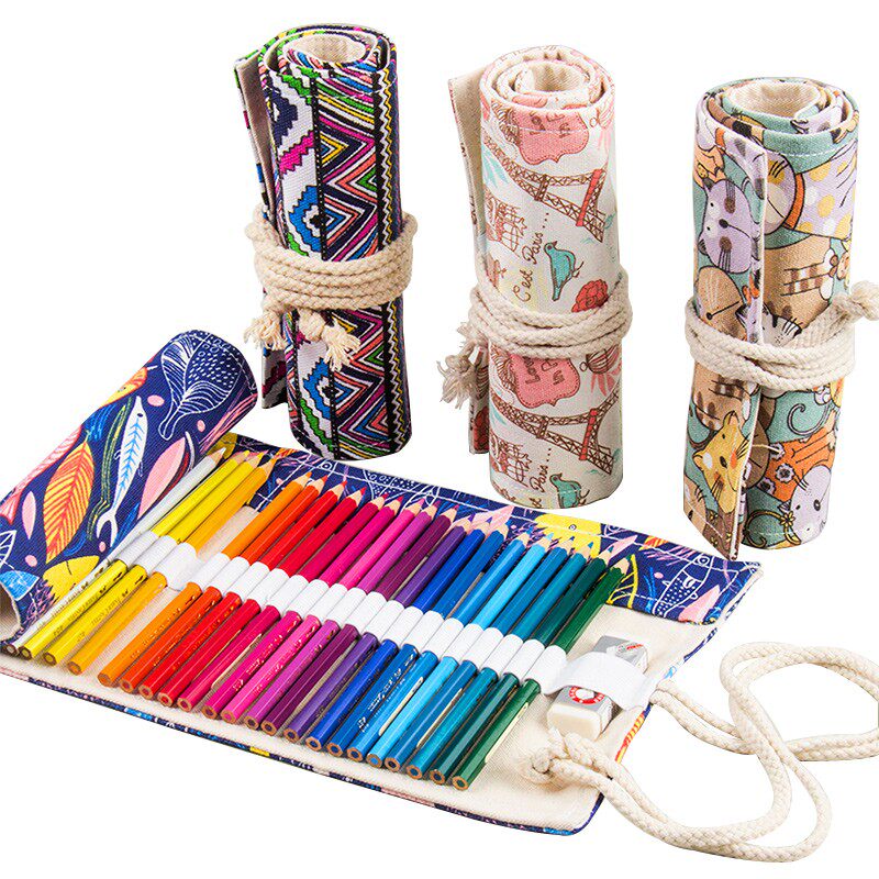 折叠帆布笔帘卷笔袋24/36/48支72孔彩铅素描笔收纳袋大容量美术生