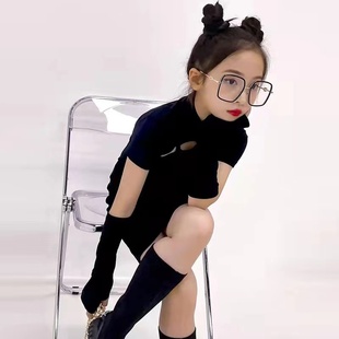 女童复古国风旗袍2023夏季新款长袖套裙子黑色紧身开叉包臀短裙潮