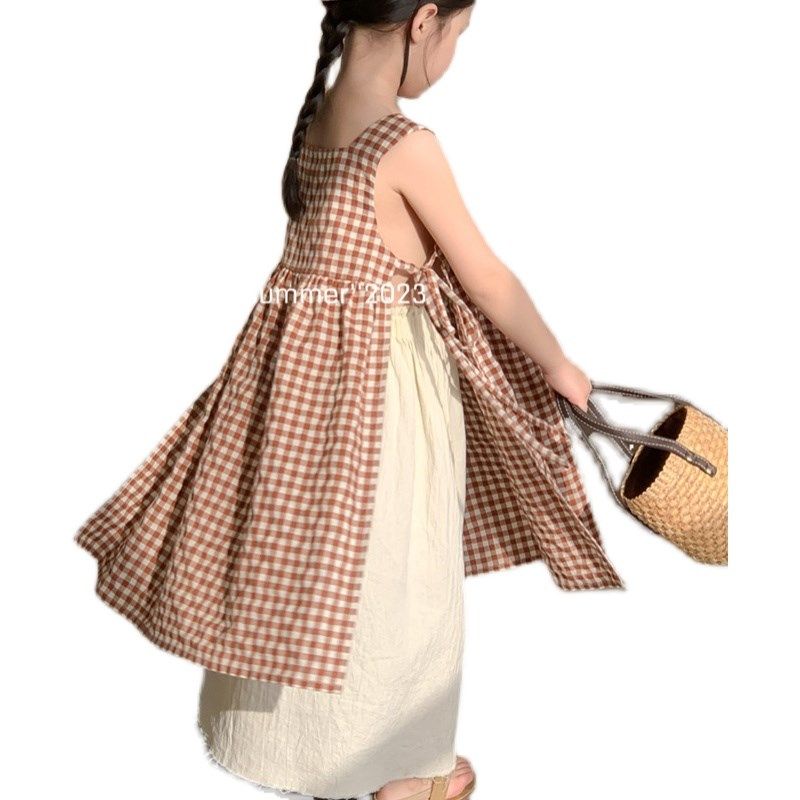 韩国童装女童复古格子吊带背心连衣裙夏季新品女宝宝无袖系带套装