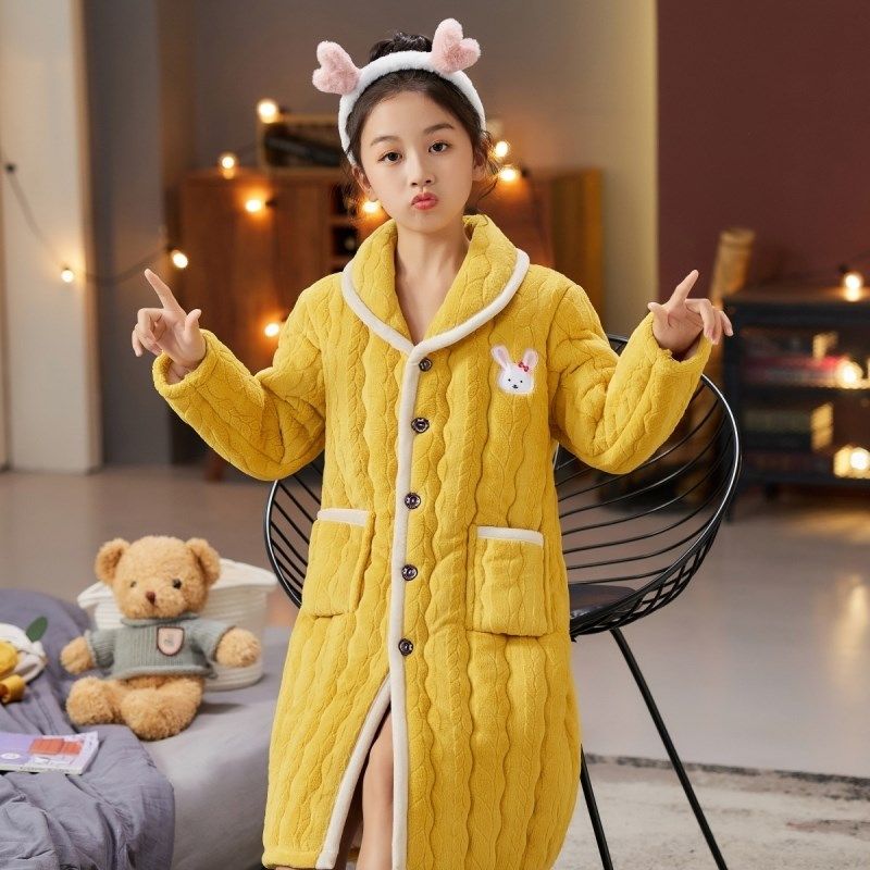 儿童加厚睡袍冬季夹棉女童男童珊瑚绒可爱男孩宝宝女孩浴袍家居袍