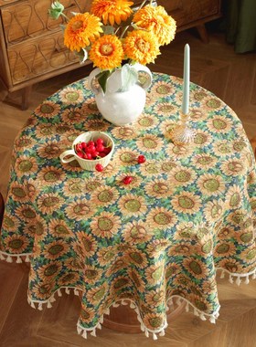 圆桌布美式黄色提花向日葵油画餐桌布古典雅家用防尘台布艺