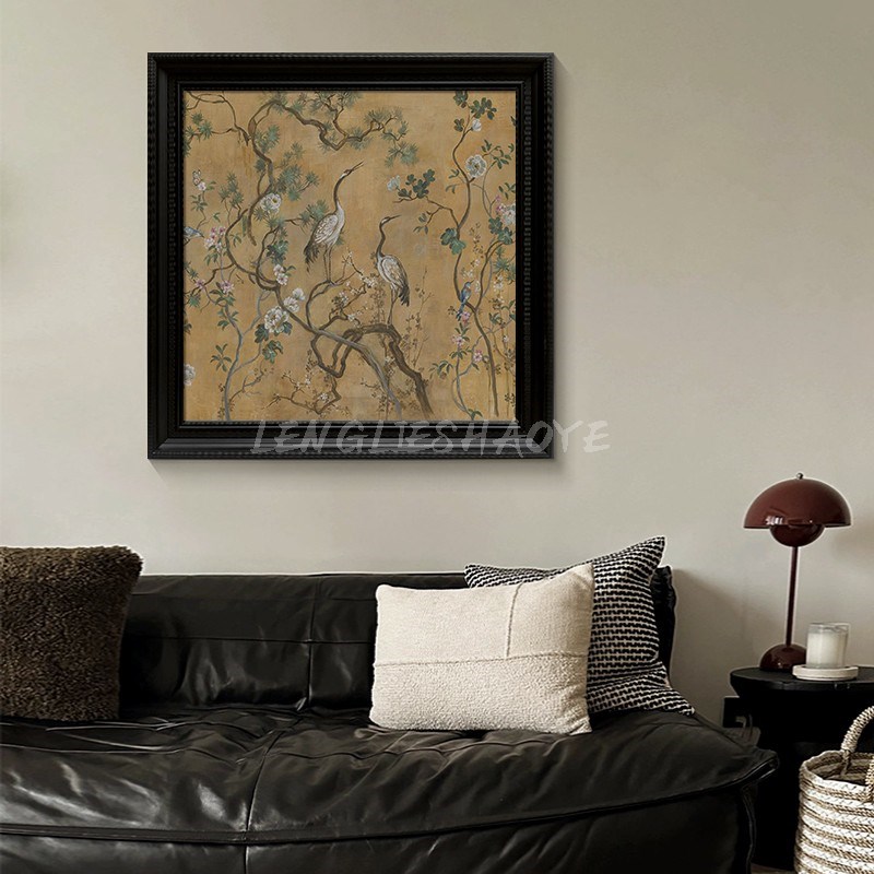 法式中古风手绘油画复古花鸟动物客厅餐厅装饰画吉祥仙鹤玄关挂画图片