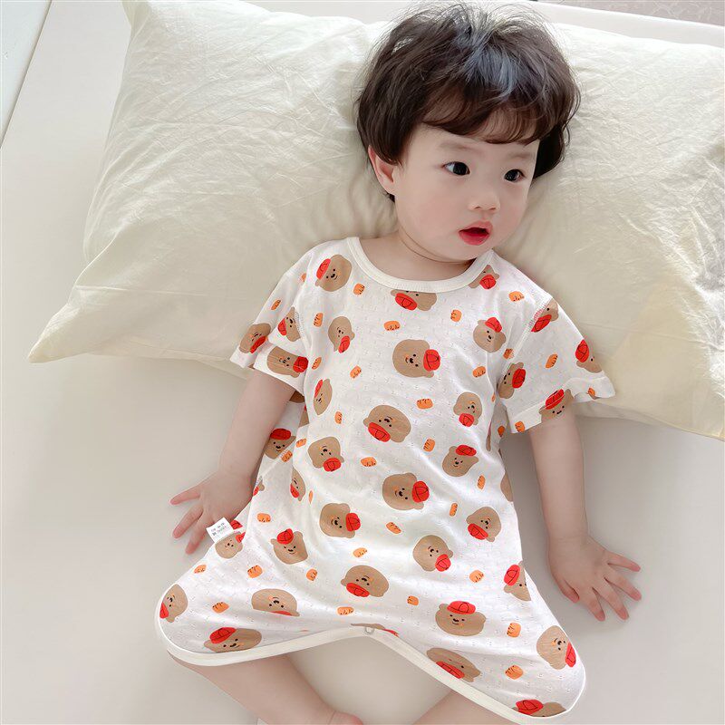夏季宝宝纯棉连体睡衣短袖无骨睡袍男童呼吸家居服女孩睡裙空调服