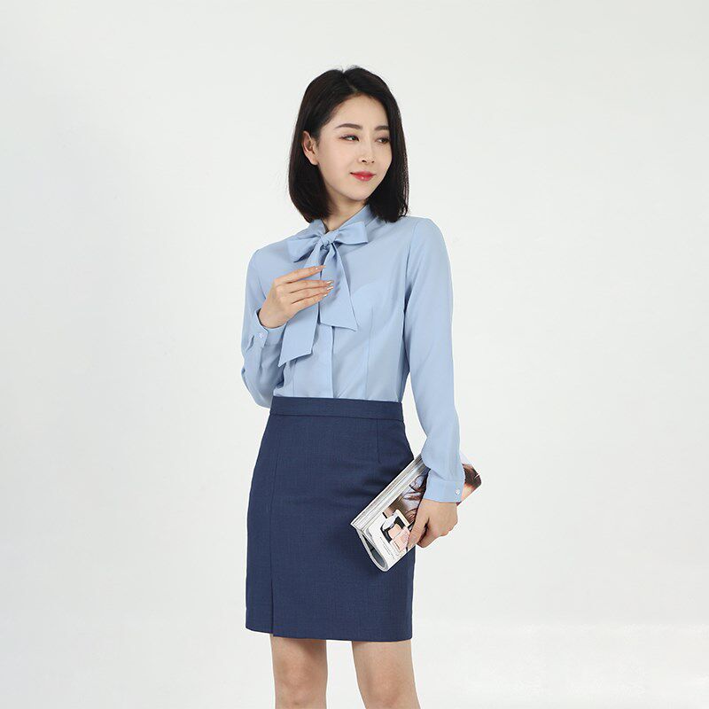 领创宝马4S店新款修身女士蓝色雪纺长袖衬衫工装职业女衬衣工作服