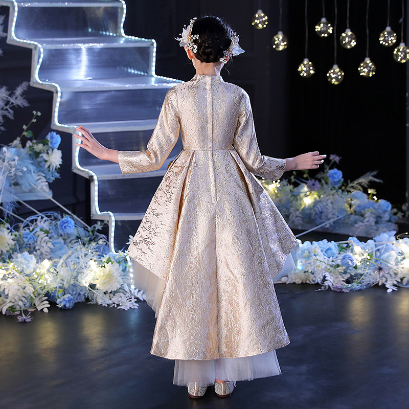 女童前短後长礼服公主裙生日走秀花童主持人儿童钢琴演出服长袖秋