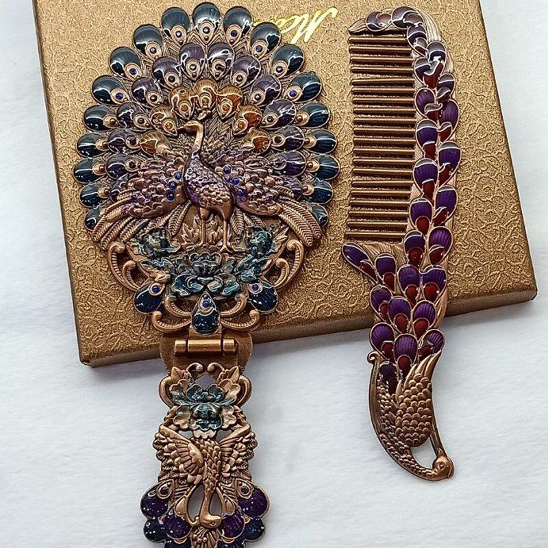 俄罗斯欧式镜子复古孔雀公主便携美容手柄折叠台镜梳子套装化妆镜