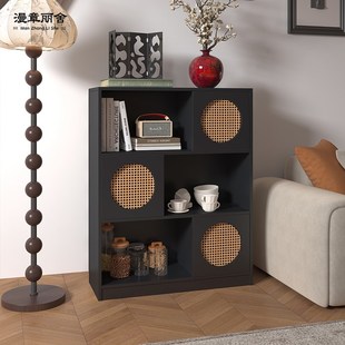 漫章丽舍半墙书柜储物柜一体客厅边柜组合柜置物架拼色藤编书架
