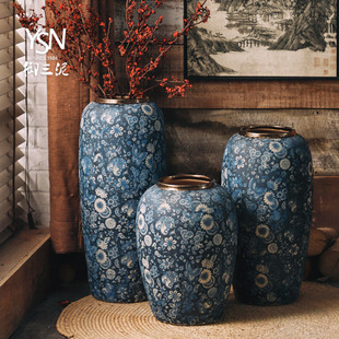 御三泥复古青花落地花瓶仿古陶瓷花器中国风摆件戏剧道具花瓶花器