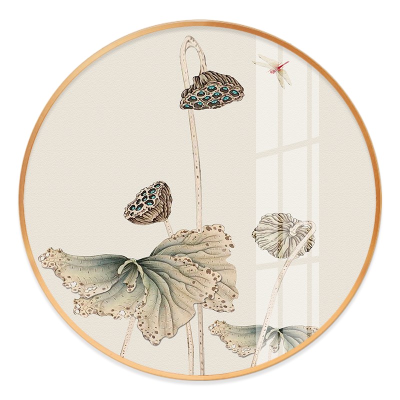 禅意新中式圆形客厅装饰画禅意莲花玄关茶室壁画晶瓷画面书房挂画图片