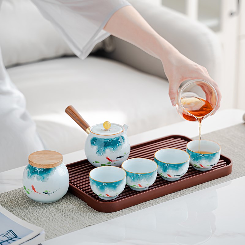 手绘堆雕填彩荷鱼侧把壶茶壶茶盘便携式手提功夫茶具旅行套装定制