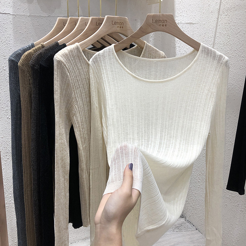 针织衫女春秋内搭新款白色圆领长袖2021早秋修身薄款上衣黑色打底