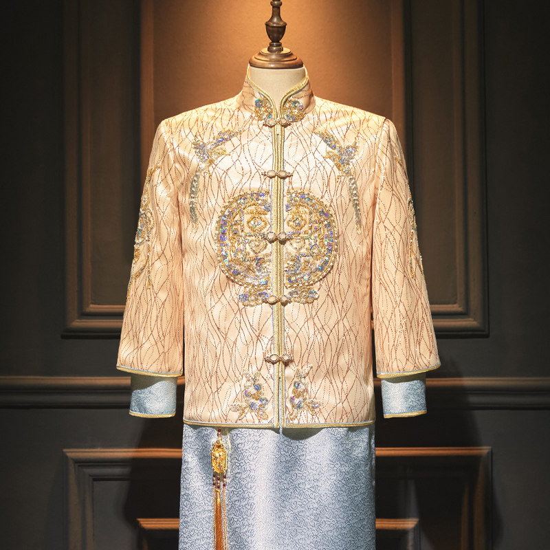 男士结婚秀禾服2023年新款中式结婚礼服新郎大码接亲香槟唐装婚服