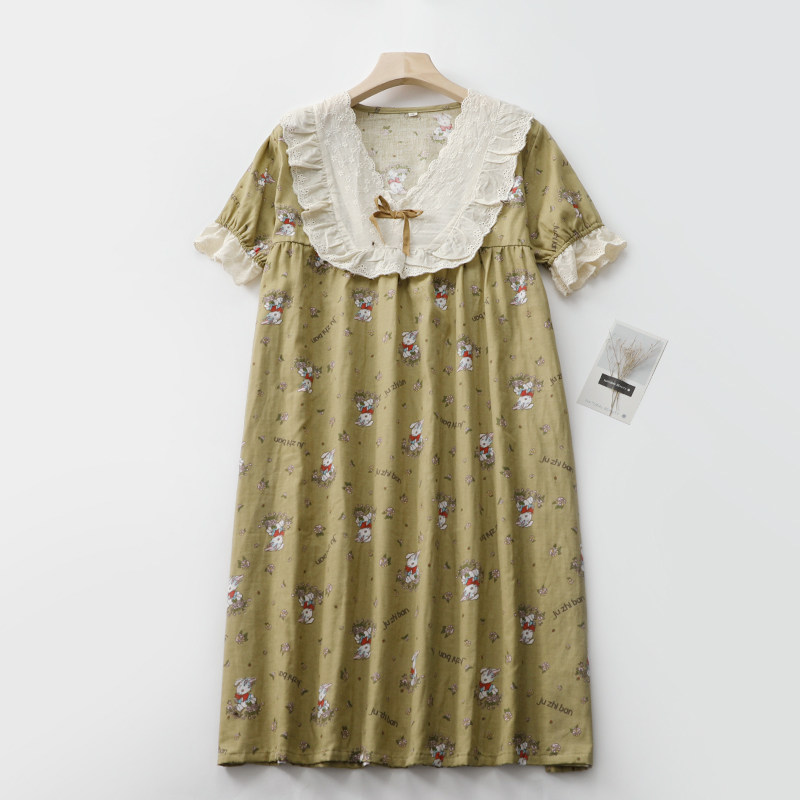 卡通绿兔子睡衣女生纯棉纱薄款蕾丝大花边长袖长裤套头家居服套装