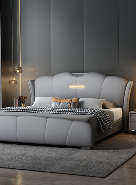 真皮床现代简约床主卧2.2米婚床带灯皮床高端大气1.8米双人软包床