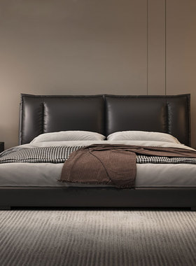 真皮床意式轻奢2米主卧大床现代简约双人床家用带储物1.8米皮艺床