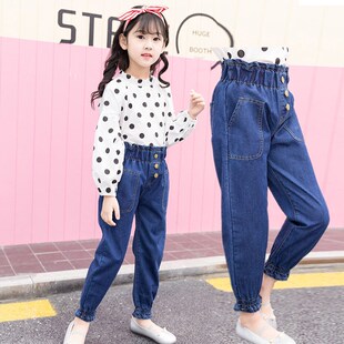 洋氣褲 女童牛仔褲 韓版 子兒童寬松長褲 2024l春秋新款 女孩高腰哈倫