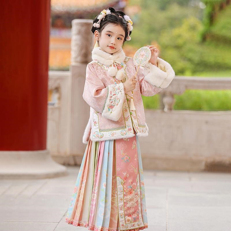 汉服女童秋c冬款2024新款儿童加绒厚冬装马面裙套装女孩古装拜年