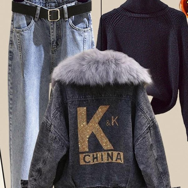 小个子冬装三件套毛衣裤子牛仔加绒外套女装冬季时尚套装洋气时髦